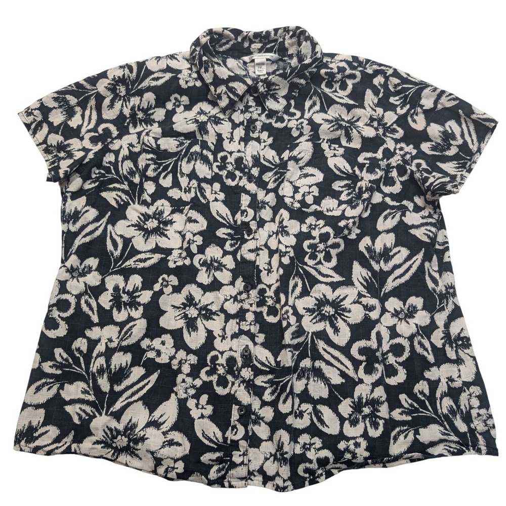 Croft & Barrow Floral Button Down Shirt Womens PXL Black White Cotton
